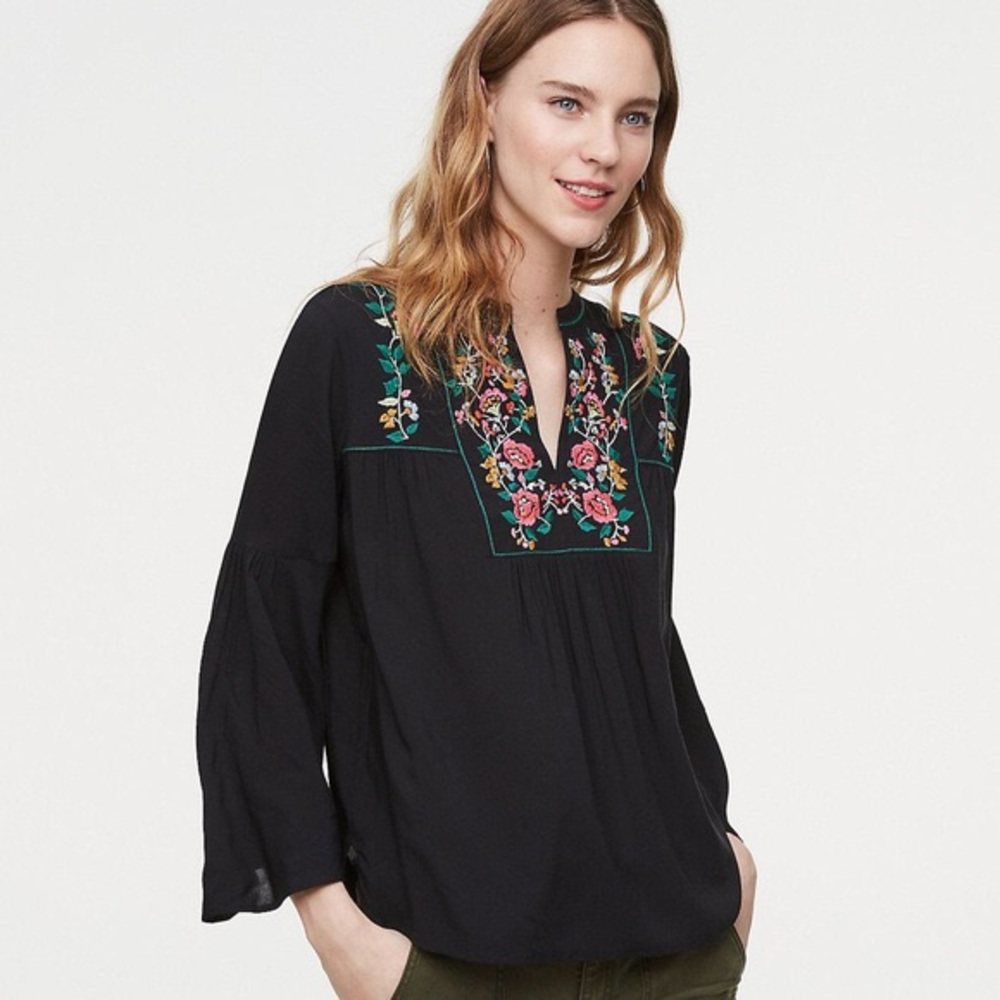 LOFT Vine Embroidered Black Bell Sleeve Top